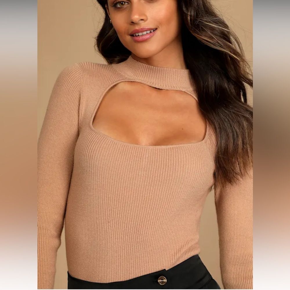 Lulu's ribbed knit cutout Camel Long Sleeve Bodysuit Women’s small NWT mock neck - Picture 3 of 16